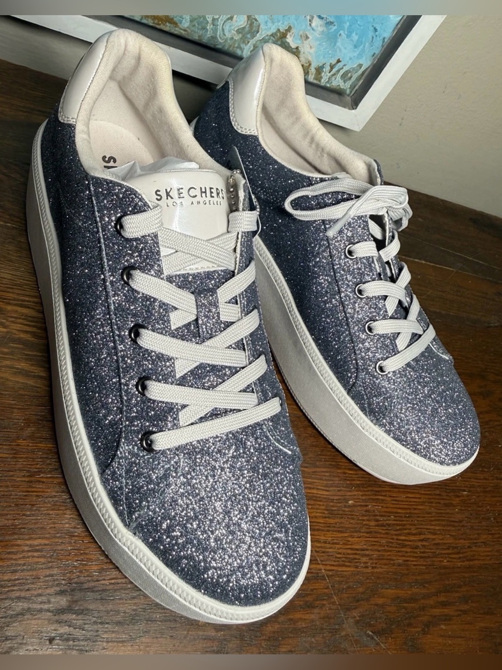 Skechers Plateau Glitter Pewter Lace-up Sneakers Sparkling Navy Silver Accents